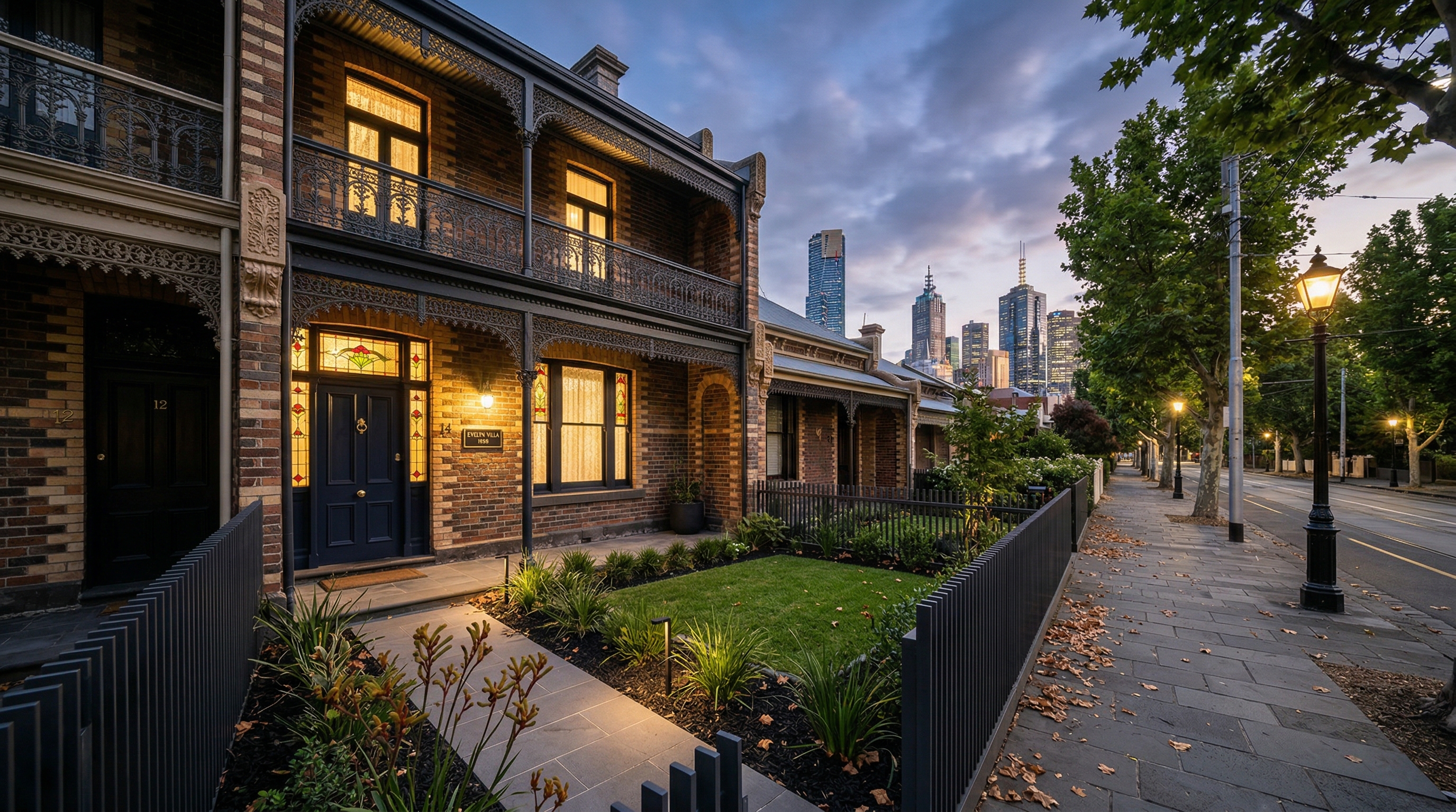Restored Victorian terrace in Melbourne at dusk